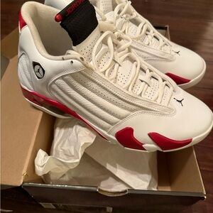 Air Jordan 14 Retro White and Red Sneakers Sleek Design - worn once